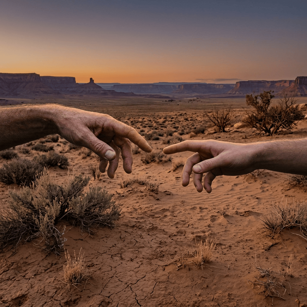 Two hands reaching toward each other over a lantern-lit forest path