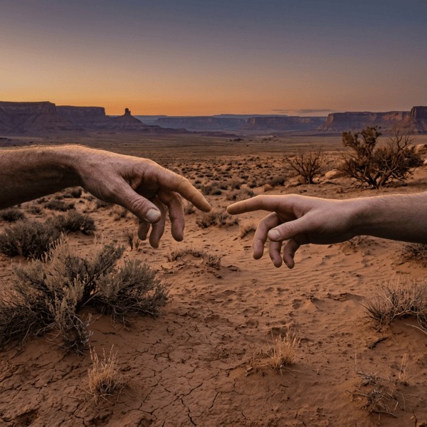 Two hands reaching toward each other over a lantern-lit forest path